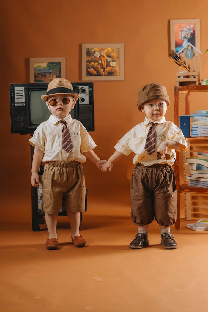 Two boys in elegant vintage attire standing indoors holding hands with an orange background.